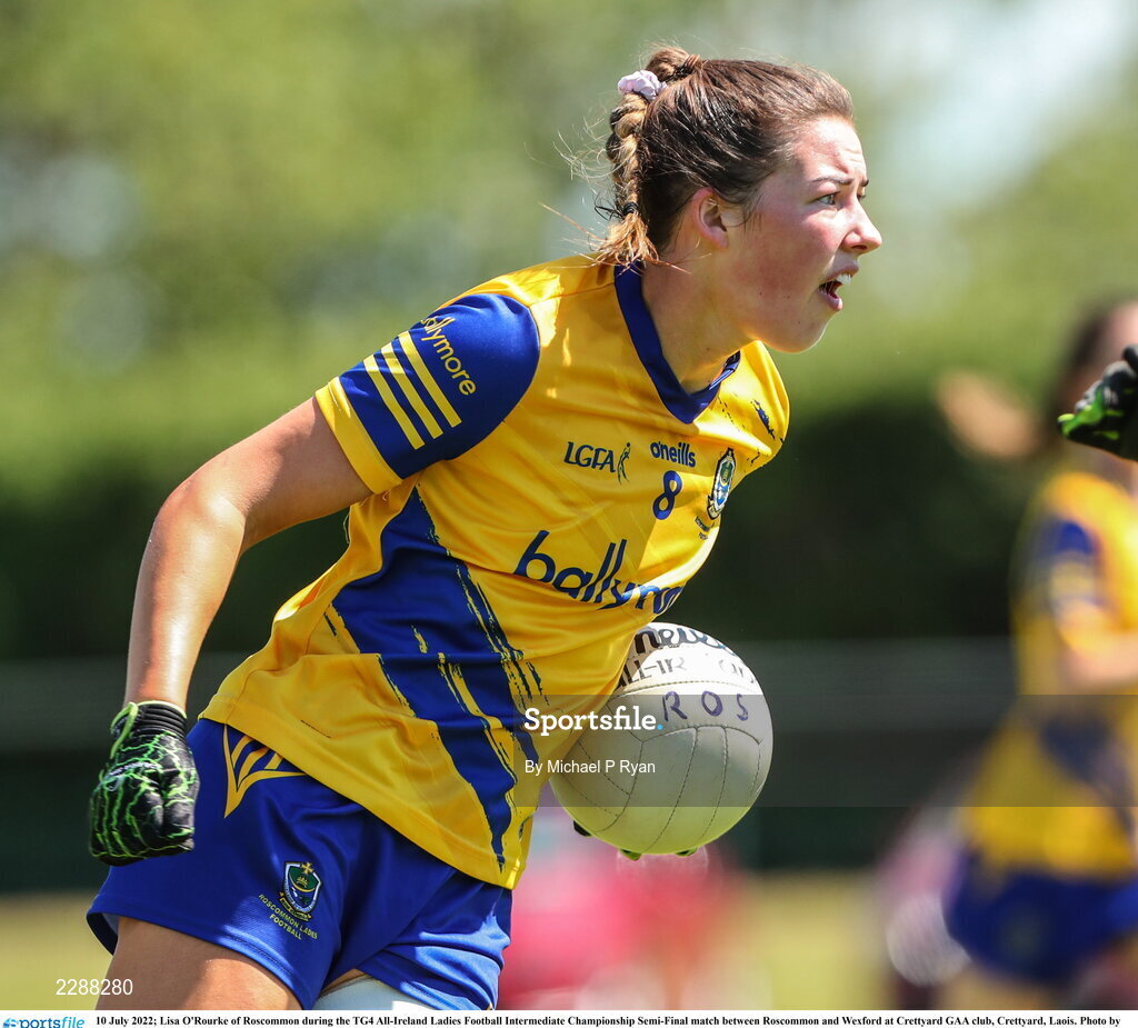 10 July 2022; Lisa O'Rourke of Roscommon during the TG4 All-Ireland Ladies Football Intermediate Championship Semi-Final match between Roscommon and Wexford at Crettyard GAA club, Crettyard, Laois. Photo by Michael P Ryan/Sportsfile