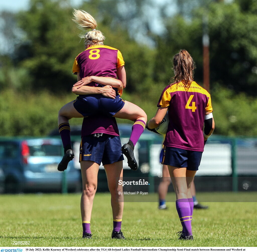 10 July 2022; Kellie Kearney of Wexford celebrates after the TG4 All-Ireland Ladies Football Intermediate Championship Semi-Final match between Roscommon and Wexford at Crettyard GAA club, Crettyard, Laois. Photo by Michael P Ryan/Sportsfile