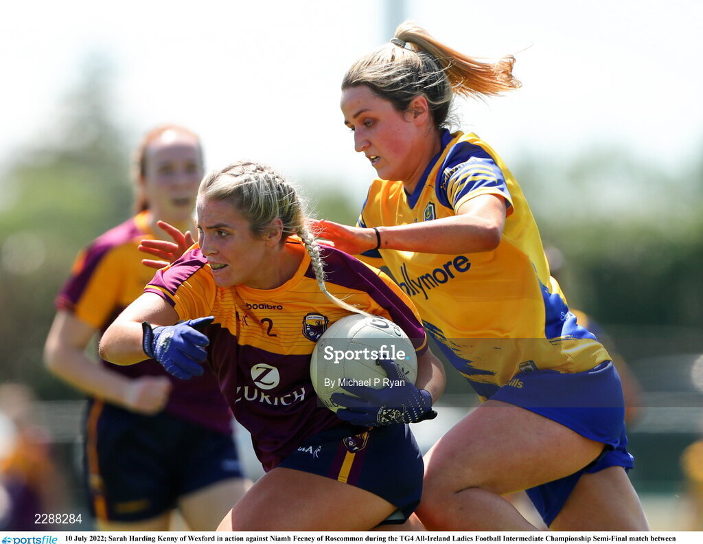 10 July 2022; Sarah Harding Kenny of Wexford in action against Niamh Feeney of Roscommon during the TG4 All-Ireland Ladies Football Intermediate Championship Semi-Final match between Roscommon and Wexford at Crettyard GAA club, Crettyard, Laois. Photo by Michael P Ryan/Sportsfile