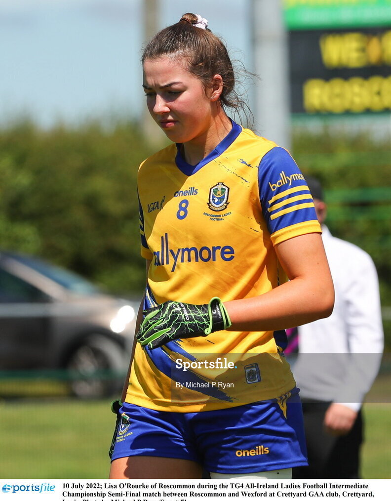 10 July 2022; Lisa O'Rourke of Roscommon during the TG4 All-Ireland Ladies Football Intermediate Championship Semi-Final match between Roscommon and Wexford at Crettyard GAA club, Crettyard, Laois. Photo by Michael P Ryan/Sportsfile