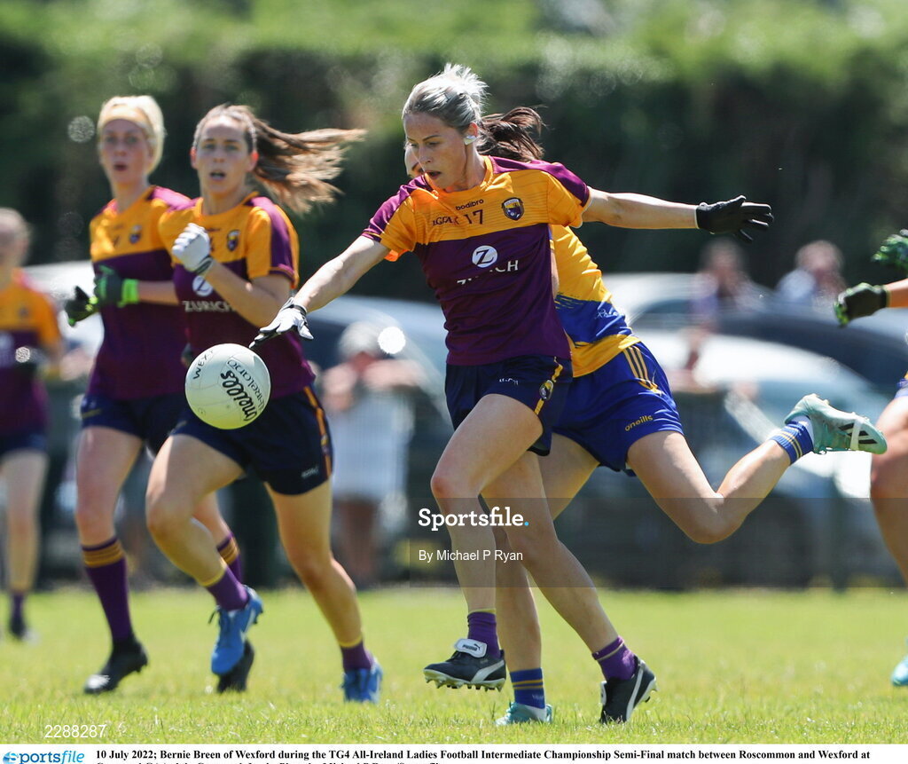 10 July 2022; Bernie Breen of Wexford during the TG4 All-Ireland Ladies Football Intermediate Championship Semi-Final match between Roscommon and Wexford at Crettyard GAA club, Crettyard, Laois. Photo by Michael P Ryan/Sportsfile