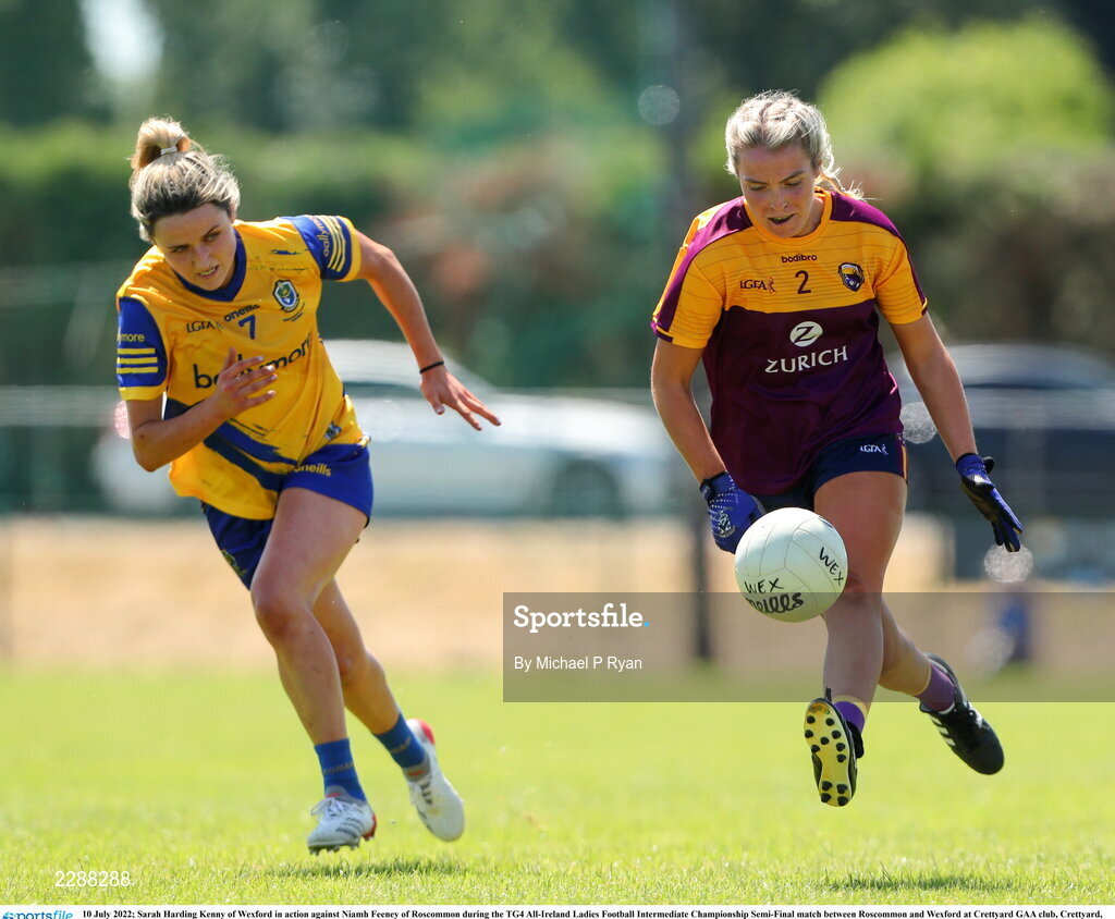 10 July 2022; Sarah Harding Kenny of Wexford in action against Niamh Feeney of Roscommon during the TG4 All-Ireland Ladies Football Intermediate Championship Semi-Final match between Roscommon and Wexford at Crettyard GAA club, Crettyard, Laois. Photo by Michael P Ryan/Sportsfile