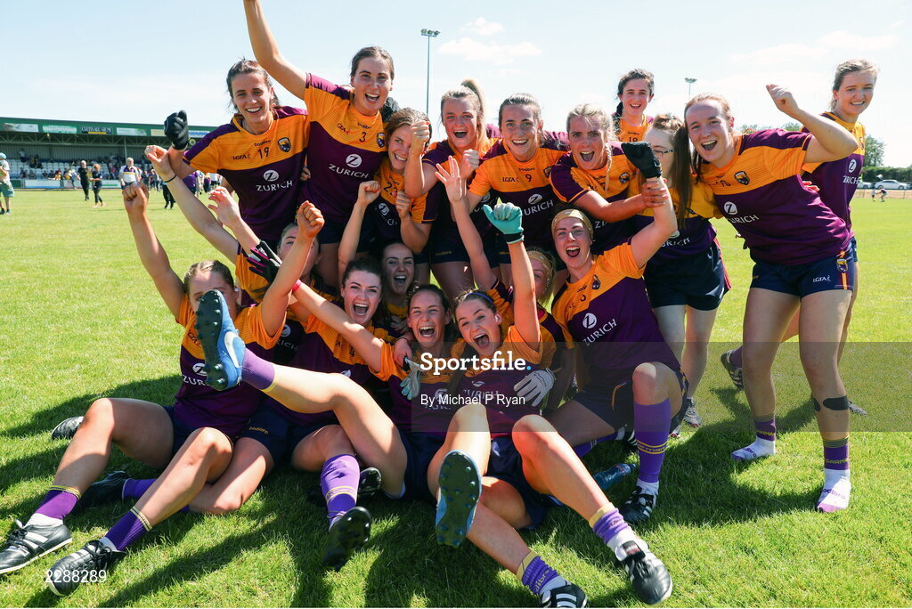 10 July 2022; Wexford players celebrate after the TG4 All-Ireland Ladies Football Intermediate Championship Semi-Final match between Roscommon and Wexford at Crettyard GAA club, Crettyard, Laois. Photo by Michael P Ryan/Sportsfile