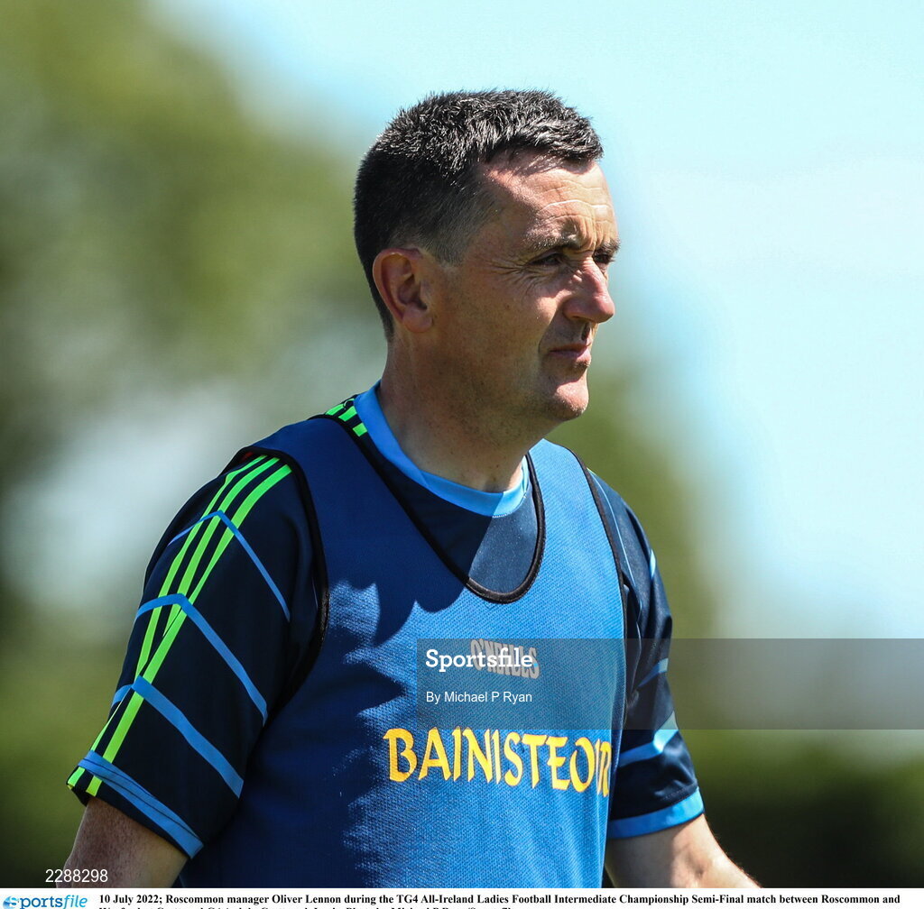 10 July 2022; Roscommon manager Oliver Lennon during the TG4 All-Ireland Ladies Football Intermediate Championship Semi-Final match between Roscommon and Wexford at Crettyard GAA club, Crettyard, Laois. Photo by Michael P Ryan/Sportsfile