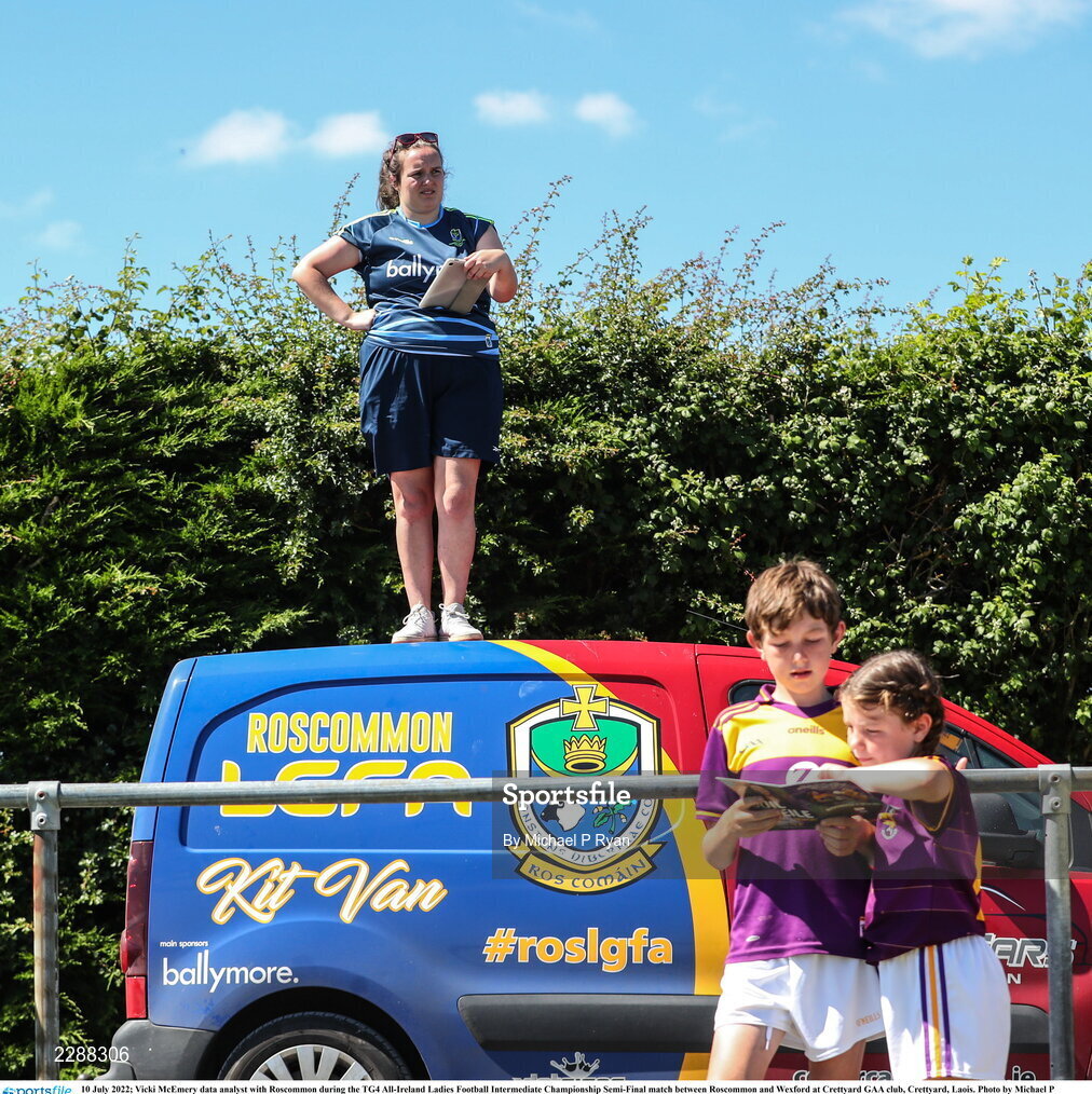 10 July 2022; Vicki McEmery data analyst with Roscommon during the TG4 All-Ireland Ladies Football Intermediate Championship Semi-Final match between Roscommon and Wexford at Crettyard GAA club, Crettyard, Laois. Photo by Michael P Ryan/Sportsfile