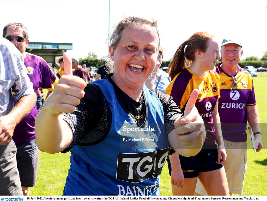 10 July 2022; Wexford manager Lizzy Kent  celebrate after the TG4 All-Ireland Ladies Football Intermediate Championship Semi-Final match between Roscommon and Wexford at Crettyard GAA club, Crettyard, Laois. Photo by Michael P Ryan/Sportsfile
