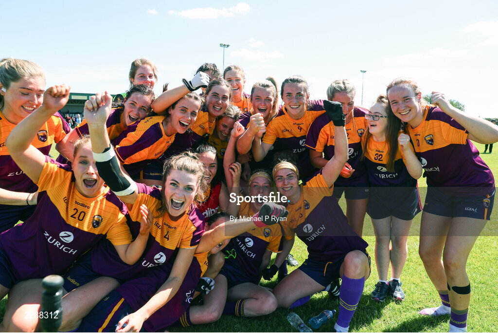 10 July 2022; Wexford players celebrate after the TG4 All-Ireland Ladies Football Intermediate Championship Semi-Final match between Roscommon and Wexford at Crettyard GAA club, Crettyard, Laois. Photo by Michael P Ryan/Sportsfile