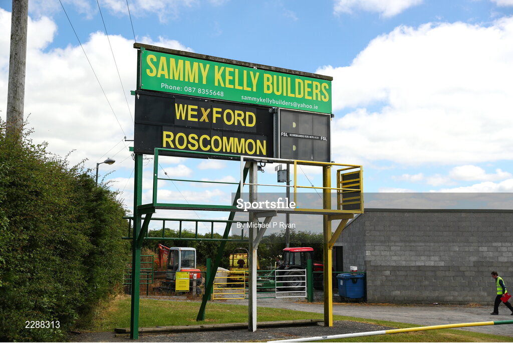 10 July 2022; A general view of the scoreboard before the TG4 All-Ireland Ladies Football Intermediate Championship Semi-Final match between Roscommon and Wexford at Crettyard GAA club, Crettyard, Laois. Photo by Michael P Ryan/Sportsfile