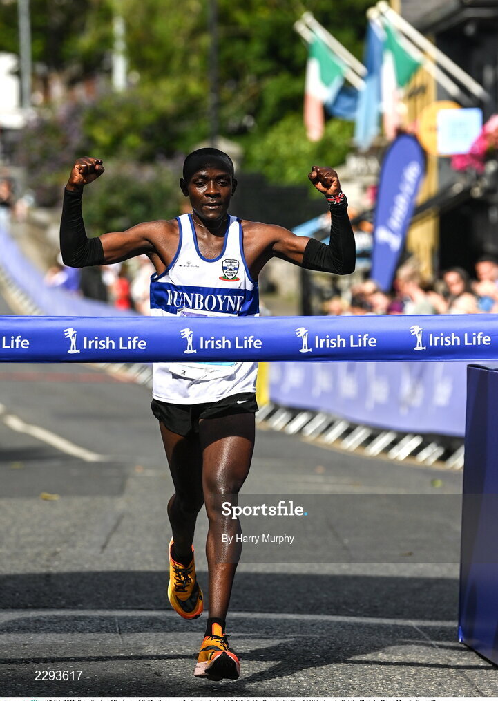 17 July 2022; Peter Somba of Dunboyne AC, Meath, crosses the line to win the Irish Life Dublin Race Series Fingal 10K in Swords, Dublin. Photo by Harry Murphy/Sportsfile