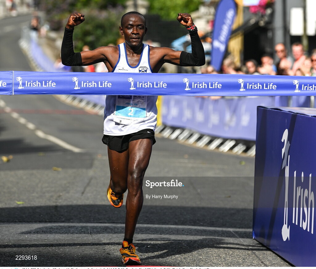 17 July 2022; Peter Somba of Dunboyne AC, Meath, crosses the line to win the Irish Life Dublin Race Series Fingal 10K in Swords, Dublin. Photo by Harry Murphy/Sportsfile