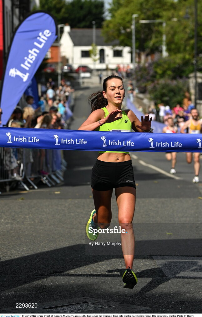 17 July 2022; Grace Lynch of Iveragh AC, Kerry, crosses the line to win the Women's Irish Life Dublin Race Series Fingal 10K in Swords, Dublin. Photo by Harry Murphy/Sportsfile