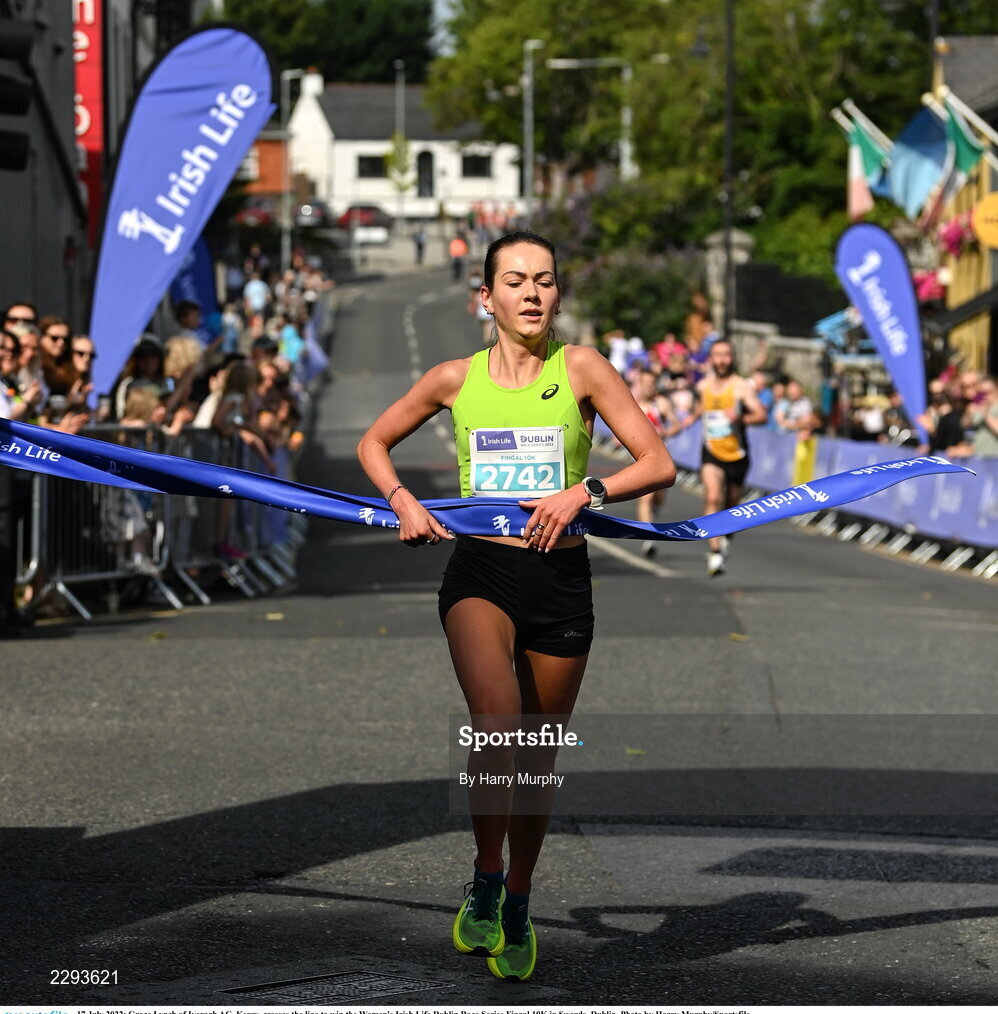17 July 2022; Grace Lynch of Iveragh AC, Kerry, crosses the line to win the Women's Irish Life Dublin Race Series Fingal 10K in Swords, Dublin. Photo by Harry Murphy/Sportsfile