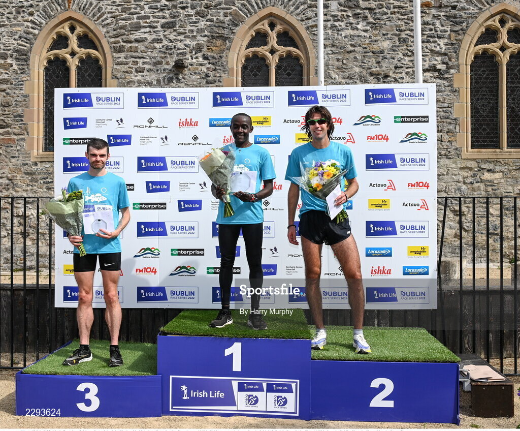 17 July 2022; Men's first place finishers, from right, John Black, with third place, Peter Somba, first place and Mick Clohissey, second place, after the Irish Life Dublin Race Series Fingal 10K in Swords, Dublin. Photo by Harry Murphy/Sportsfile