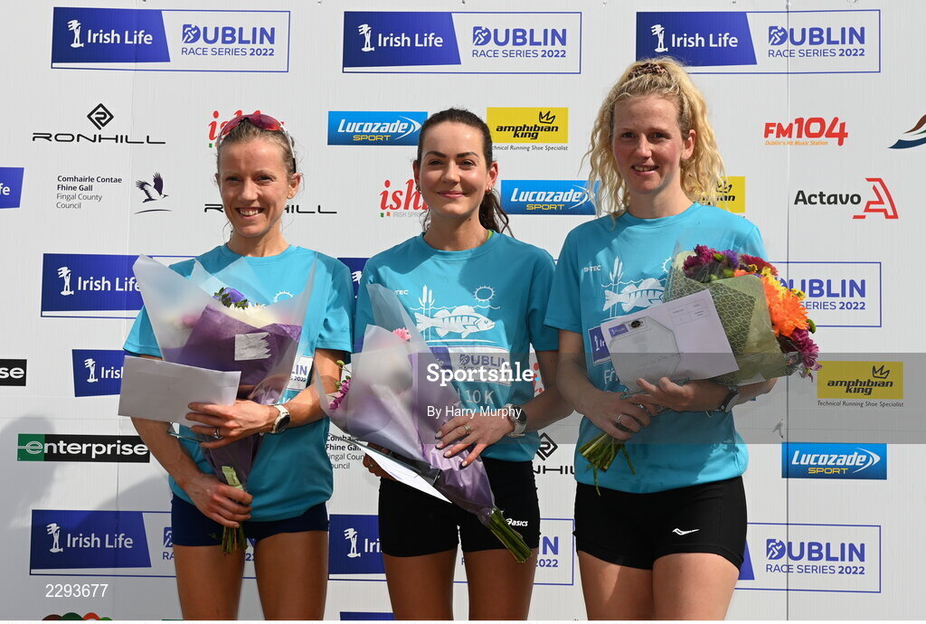 17 July 2022; Women's first three, from left, Chrissy Harford, with third place, Grace Lynch, first place and Mary Mulhare, second place after the Irish Life Dublin Race Series Fingal 10K in Swords, Dublin. Photo by Harry Murphy/Sportsfile