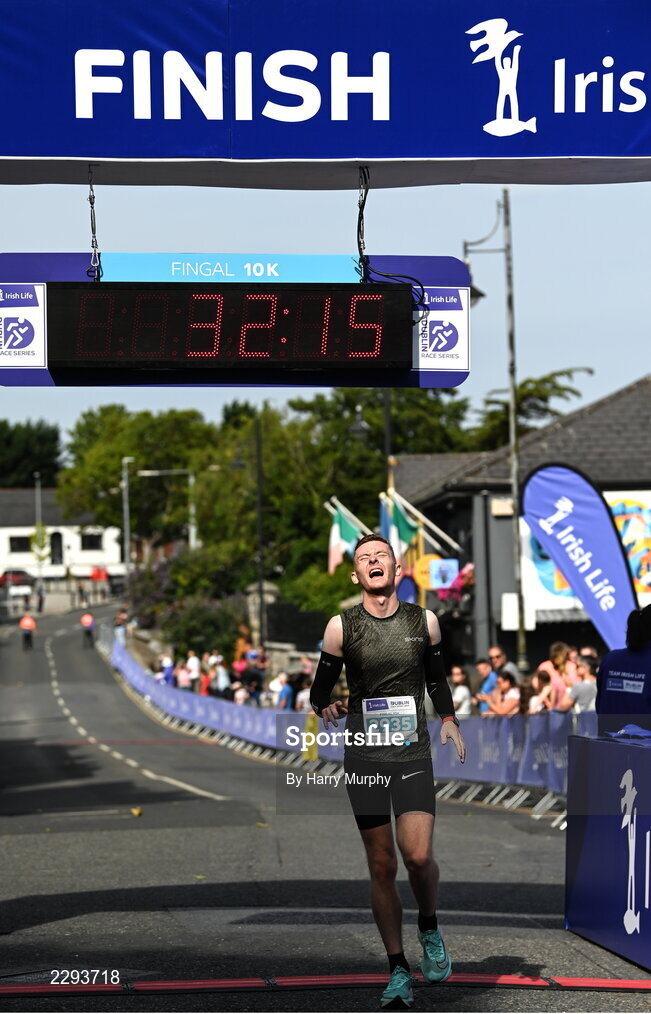 17 July 2022; Graham Gilshinan reacts as he crosses the line to finish the Irish Life Dublin Race Series Fingal 10K in Swords, Dublin. Photo by Harry Murphy/Sportsfile