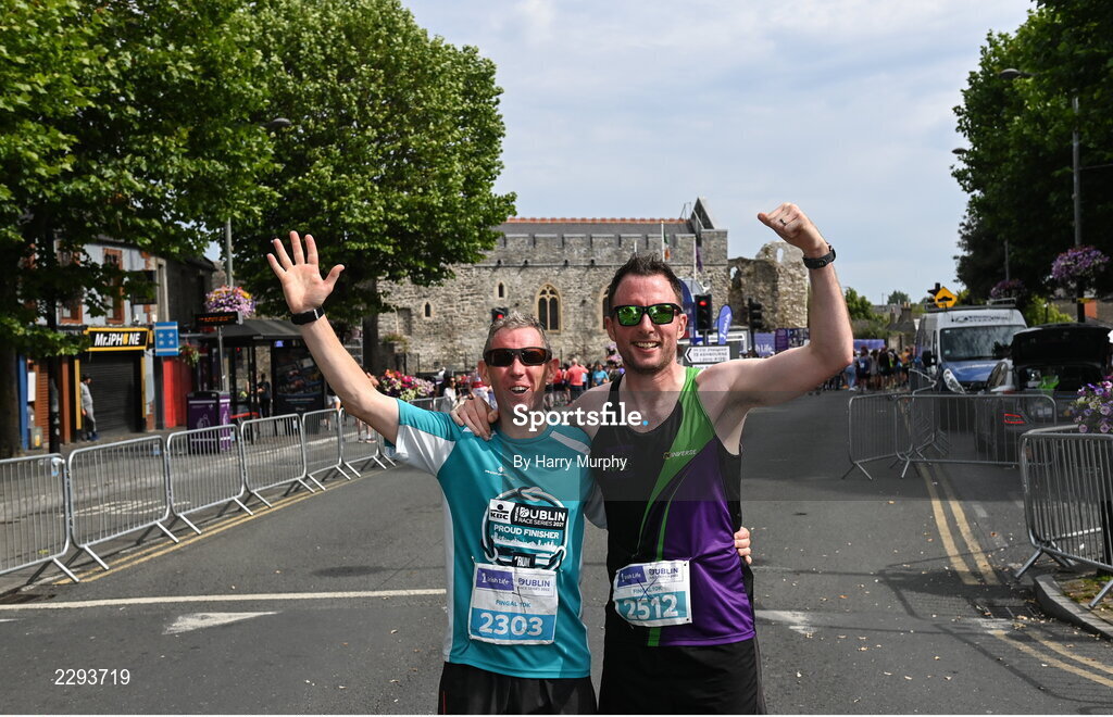 17 July 2022; Colm O'Brien, left, and Darragh Roe, after the Irish Life Dublin Race Series Fingal 10K in Swords, Dublin. Photo by Harry Murphy/Sportsfile