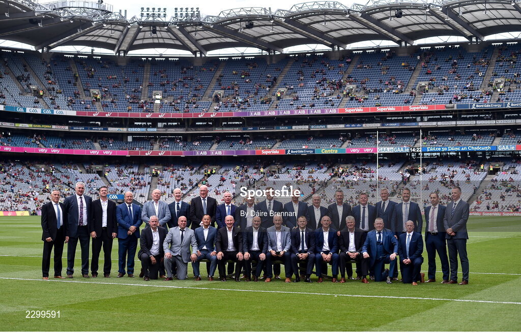 24 July 2022; The 1995 Dublin All-Ireland winning team as the Jubilee teams are introduced to the crowd before the GAA All-Ireland Senior Football Championship Final match between Kerry and Galway at Croke Park in Dublin. Photo by Daire Brennan/Sportsfile