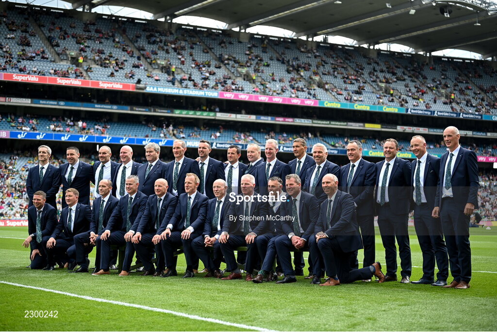 24 July 2022; The 1997 Kerry All-Ireland winning team as the Jubilee teams are introduced to the crowd before the GAA All-Ireland Senior Football Championship Final match between Kerry and Galway at Croke Park in Dublin. Photo by Stephen McCarthy/Sportsfile