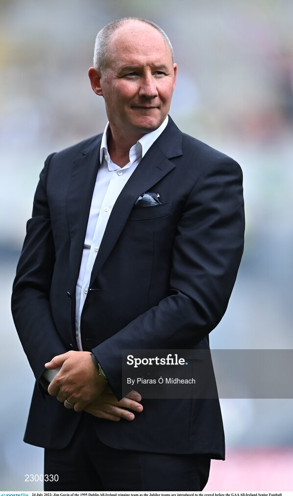 24 July 2022; Jim Gavin of the 1995 Dublin All-Ireland winning team as the Jubilee teams are introduced to the crowd before the GAA All-Ireland Senior Football Championship Final match between Kerry and Galway at Croke Park in Dublin. Photo by Piaras Ó Mídheach/Sportsfile