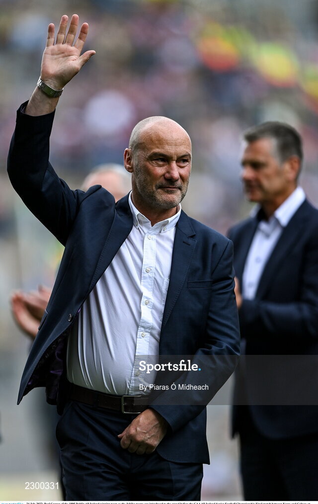 24 July 2022; Paul Curran of the 1995 Dublin All-Ireland winning team as the Jubilee teams are introduced to the crowd before the GAA All-Ireland Senior Football Championship Final match between Kerry and Galway at Croke Park in Dublin. Photo by Piaras Ó Mídheach/Sportsfile
