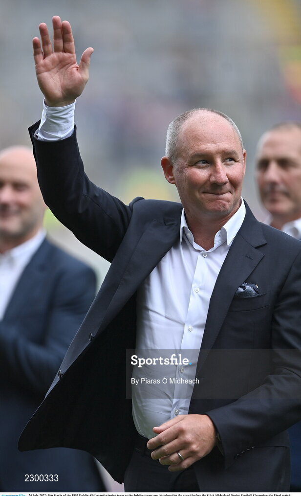 24 July 2022; Jim Gavin of the 1995 Dublin All-Ireland winning team as the Jubilee teams are introduced to the crowd before the GAA All-Ireland Senior Football Championship Final match between Kerry and Galway at Croke Park in Dublin. Photo by Piaras Ó Mídheach/Sportsfile