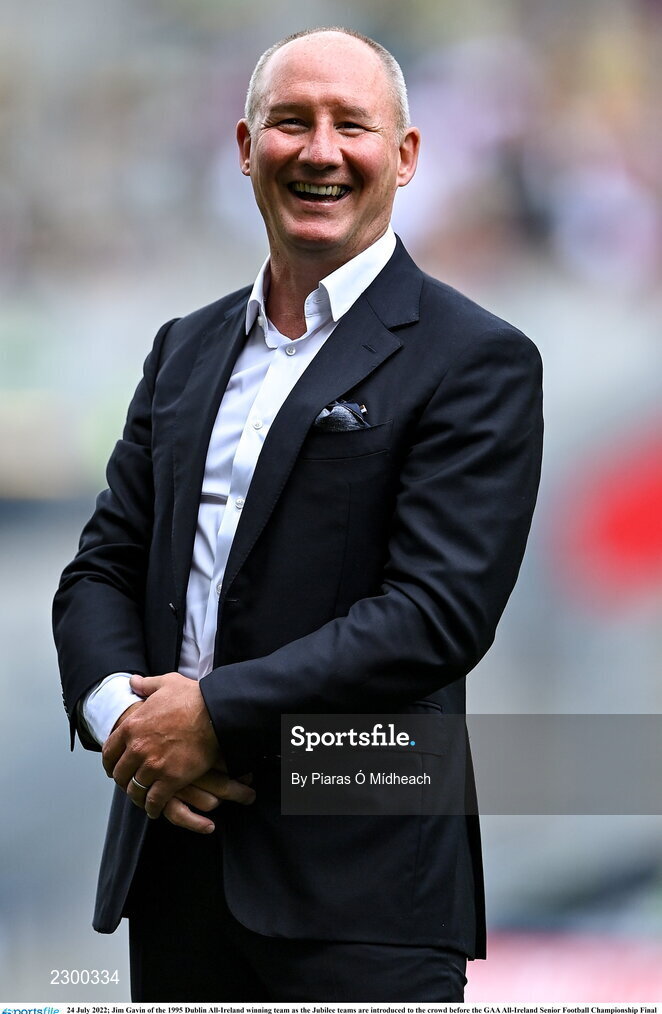 24 July 2022; Jim Gavin of the 1995 Dublin All-Ireland winning team as the Jubilee teams are introduced to the crowd before the GAA All-Ireland Senior Football Championship Final match between Kerry and Galway at Croke Park in Dublin. Photo by Piaras Ó Mídheach/Sportsfile