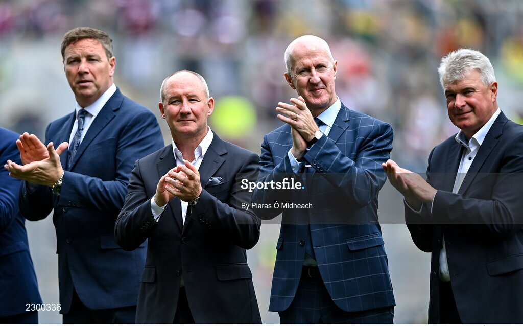 24 July 2022; Players of the 1995 Dublin All-Ireland winning team, from left, Paul Bealin, Jim Gavin, Paul Clarke and Charlie Redmond, as the Jubilee teams are introduced to the crowd before the GAA All-Ireland Senior Football Championship Final match between Kerry and Galway at Croke Park in Dublin. Photo by Piaras Ó Mídheach/Sportsfile