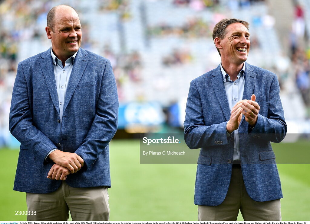 24 July 2022; Trevor Giles, right, and John McDermott of the 1996 Meath All-Ireland winning team as the Jubilee teams are introduced to the crowd before the GAA All-Ireland Senior Football Championship Final match between Kerry and Galway at Croke Park in Dublin. Photo by Piaras Ó Mídheach/Sportsfile