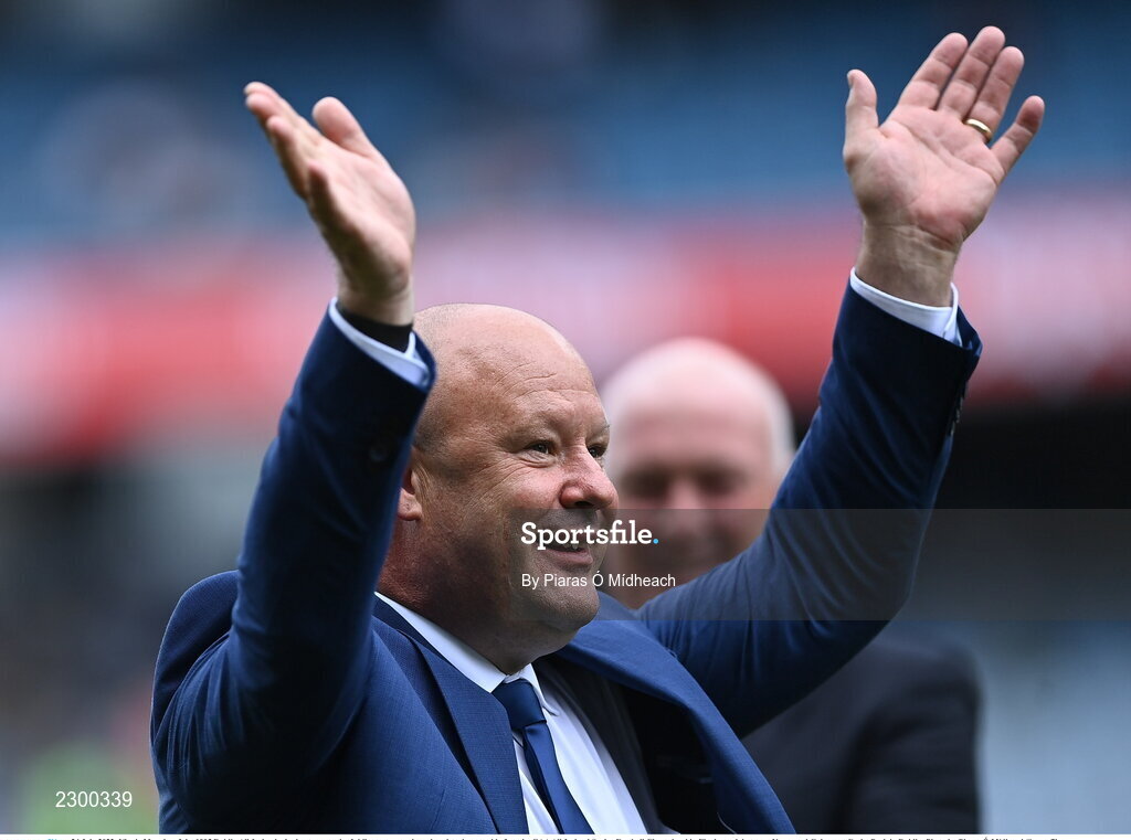24 July 2022; Vinnie Murphy of the 1995 Dublin All-Ireland winning team as the Jubilee teams are introduced to the crowd before the GAA All-Ireland Senior Football Championship Final match between Kerry and Galway at Croke Park in Dublin. Photo by Piaras Ó Mídheach/Sportsfile