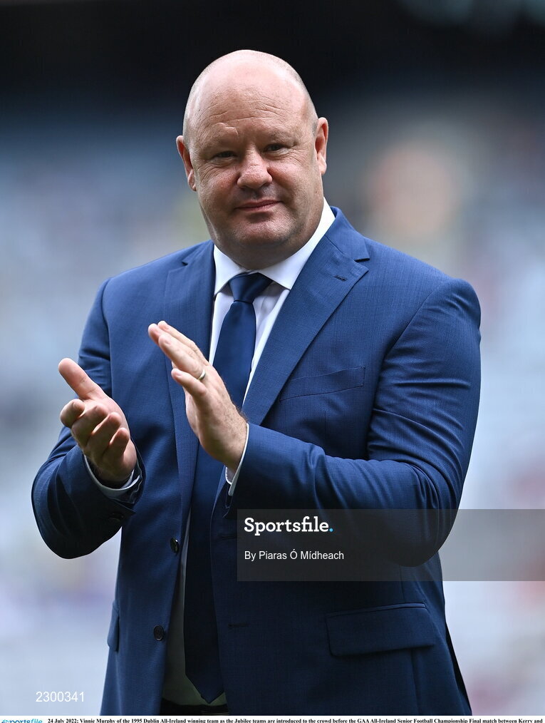 24 July 2022; Vinnie Murphy of the 1995 Dublin All-Ireland winning team as the Jubilee teams are introduced to the crowd before the GAA All-Ireland Senior Football Championship Final match between Kerry and Galway at Croke Park in Dublin. Photo by Piaras Ó Mídheach/Sportsfile