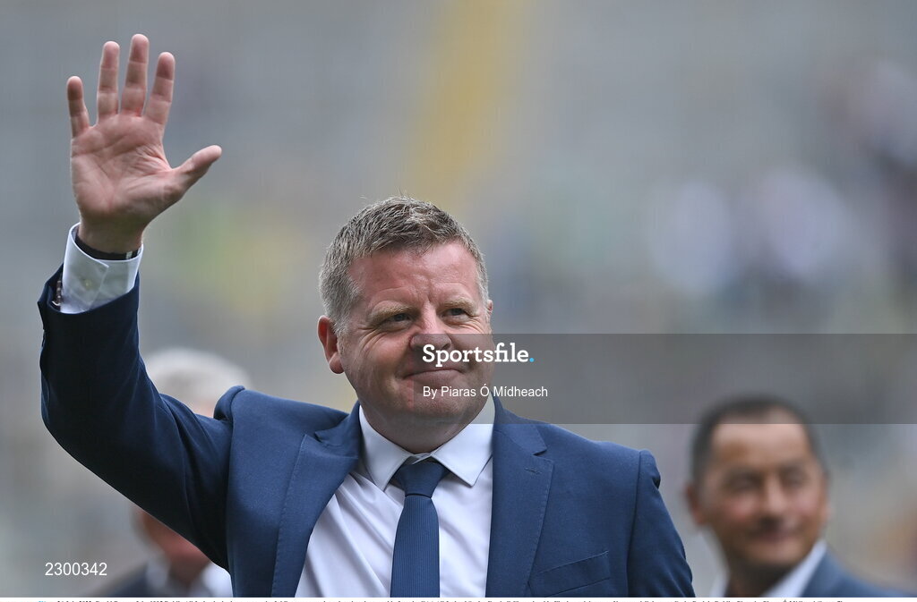 24 July 2022; David Byrne of the 1995 Dublin All-Ireland winning team as the Jubilee teams are introduced to the crowd before the GAA All-Ireland Senior Football Championship Final match between Kerry and Galway at Croke Park in Dublin. Photo by Piaras Ó Mídheach/Sportsfile