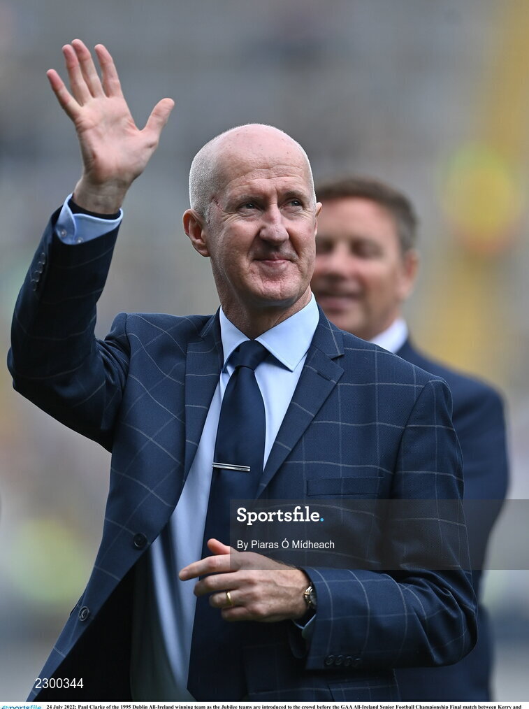 24 July 2022; Paul Clarke of the 1995 Dublin All-Ireland winning team as the Jubilee teams are introduced to the crowd before the GAA All-Ireland Senior Football Championship Final match between Kerry and Galway at Croke Park in Dublin. Photo by Piaras Ó Mídheach/Sportsfile