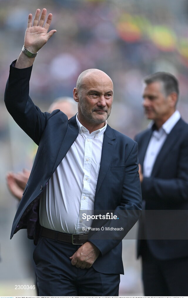 24 July 2022; Paul Curran of the 1995 Dublin All-Ireland winning team as the Jubilee teams are introduced to the crowd before the GAA All-Ireland Senior Football Championship Final match between Kerry and Galway at Croke Park in Dublin. Photo by Piaras Ó Mídheach/Sportsfile
