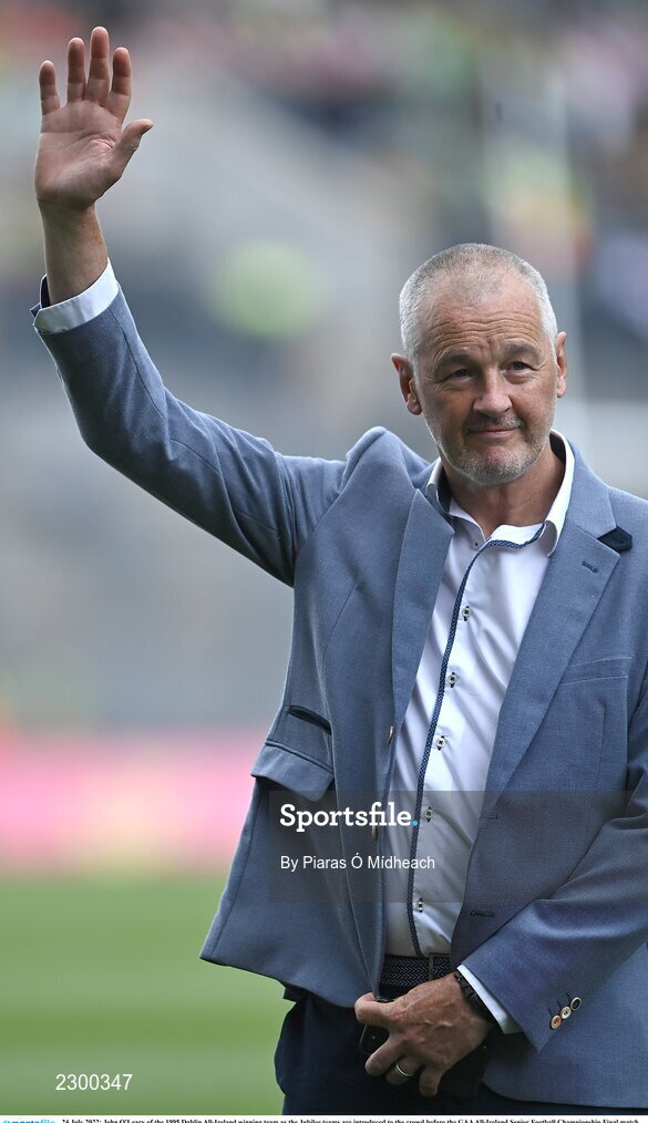 24 July 2022; John O'Leary of the 1995 Dublin All-Ireland winning team as the Jubilee teams are introduced to the crowd before the GAA All-Ireland Senior Football Championship Final match between Kerry and Galway at Croke Park in Dublin. Photo by Piaras Ó Mídheach/Sportsfile