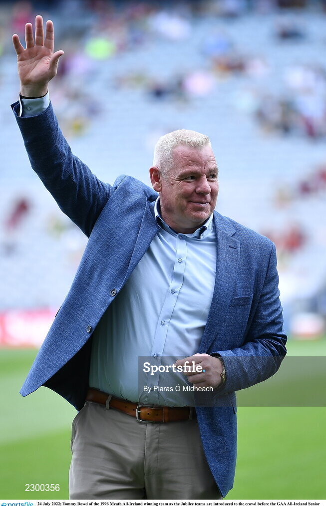 24 July 2022; Tommy Dowd of the 1996 Meath All-Ireland winning team as the Jubilee teams are introduced to the crowd before the GAA All-Ireland Senior Football Championship Final match between Kerry and Galway at Croke Park in Dublin. Photo by Piaras Ó Mídheach/Sportsfile