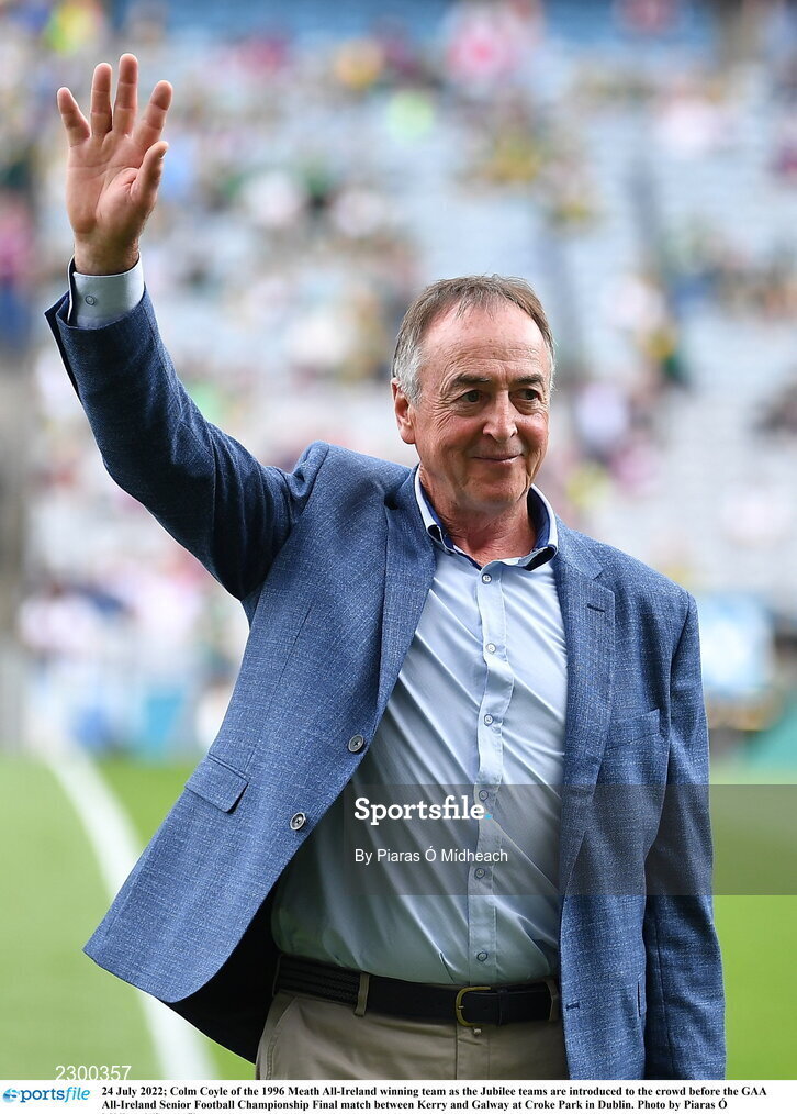 24 July 2022; Colm Coyle of the 1996 Meath All-Ireland winning team as the Jubilee teams are introduced to the crowd before the GAA All-Ireland Senior Football Championship Final match between Kerry and Galway at Croke Park in Dublin. Photo by Piaras Ó Mídheach/Sportsfile