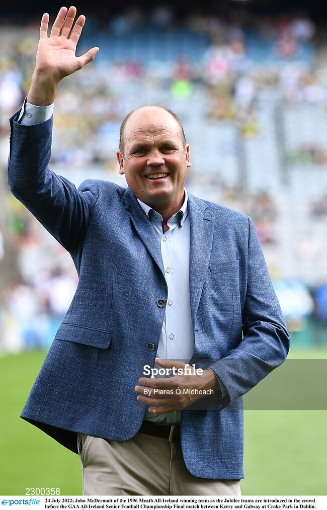 24 July 2022; John McDermott of the 1996 Meath All-Ireland winning team as the Jubilee teams are introduced to the crowd before the GAA All-Ireland Senior Football Championship Final match between Kerry and Galway at Croke Park in Dublin. Photo by Piaras Ó Mídheach/Sportsfile