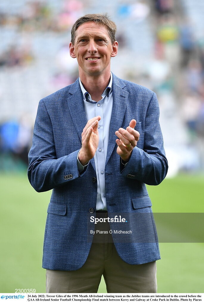 24 July 2022; Trevor Giles of the 1996 Meath All-Ireland winning team as the Jubilee teams are introduced to the crowd before the GAA All-Ireland Senior Football Championship Final match between Kerry and Galway at Croke Park in Dublin. Photo by Piaras Ó Mídheach/Sportsfile