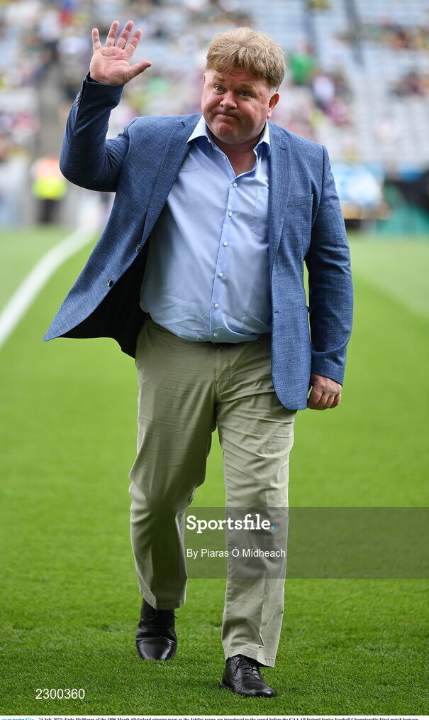 24 July 2022; Enda McManus of the 1996 Meath All-Ireland winning team as the Jubilee teams are introduced to the crowd before the GAA All-Ireland Senior Football Championship Final match between Kerry and Galway at Croke Park in Dublin. Photo by Piaras Ó Mídheach/Sportsfile