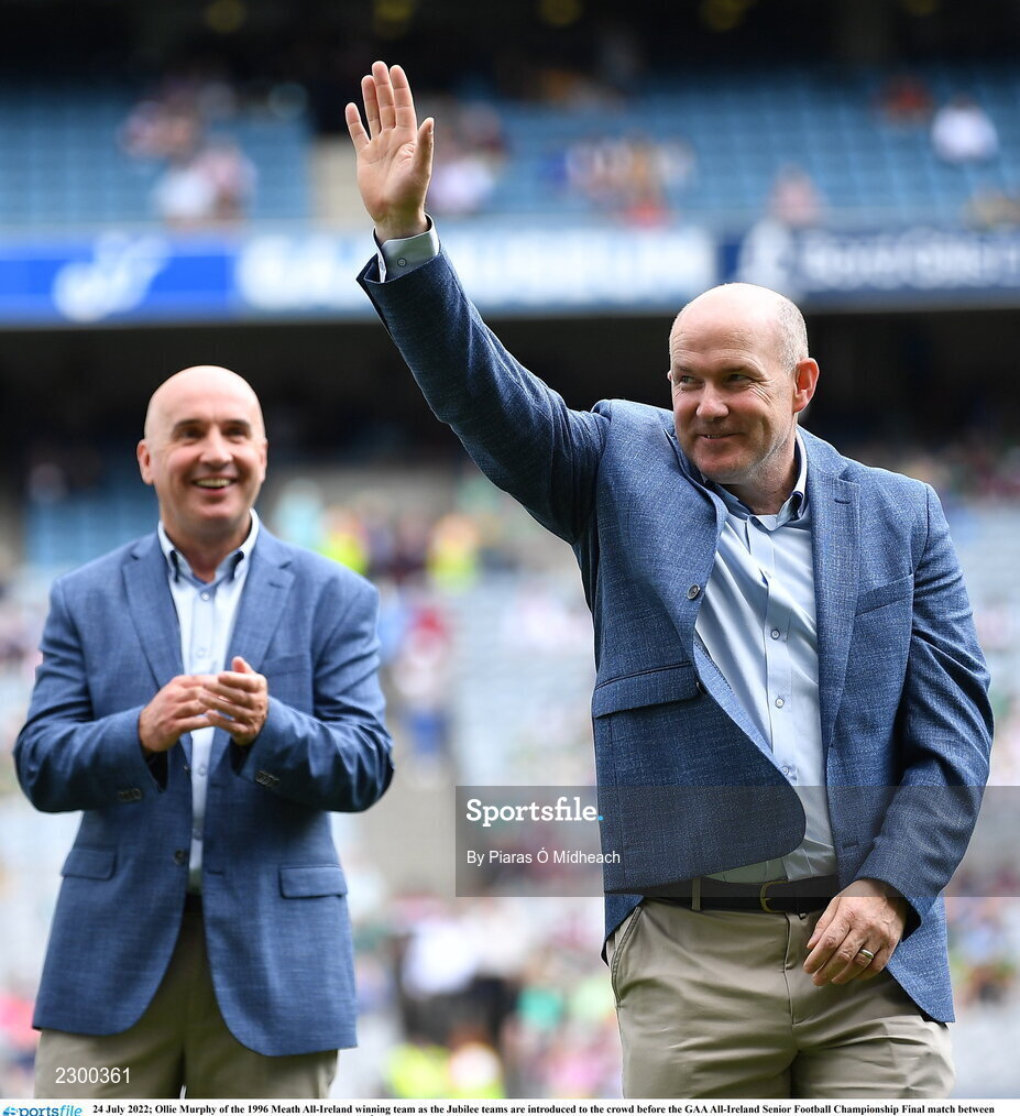 24 July 2022; Ollie Murphy of the 1996 Meath All-Ireland winning team as the Jubilee teams are introduced to the crowd before the GAA All-Ireland Senior Football Championship Final match between Kerry and Galway at Croke Park in Dublin. Photo by Piaras Ó Mídheach/Sportsfile