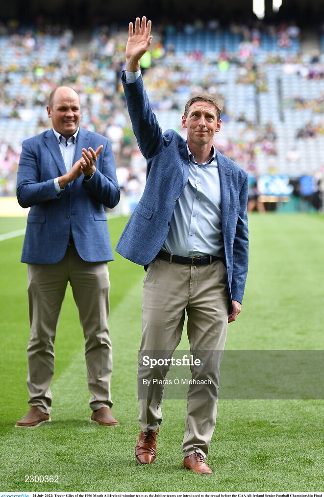 24 July 2022; Trevor Giles of the 1996 Meath All-Ireland winning team as the Jubilee teams are introduced to the crowd before the GAA All-Ireland Senior Football Championship Final match between Kerry and Galway at Croke Park in Dublin. Photo by Piaras Ó Mídheach/Sportsfile