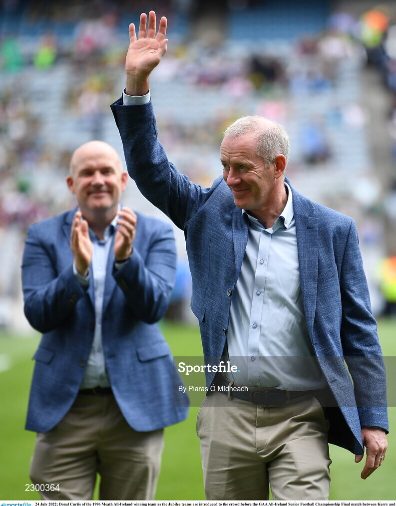 24 July 2022; Donal Curtis of the 1996 Meath All-Ireland winning team as the Jubilee teams are introduced to the crowd before the GAA All-Ireland Senior Football Championship Final match between Kerry and Galway at Croke Park in Dublin. Photo by Piaras Ó Mídheach/Sportsfile
