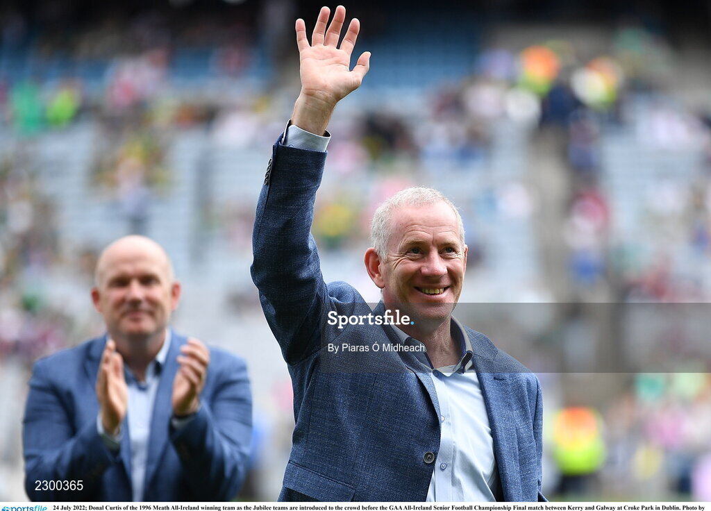 24 July 2022; Donal Curtis of the 1996 Meath All-Ireland winning team as the Jubilee teams are introduced to the crowd before the GAA All-Ireland Senior Football Championship Final match between Kerry and Galway at Croke Park in Dublin. Photo by Piaras Ó Mídheach/Sportsfile
