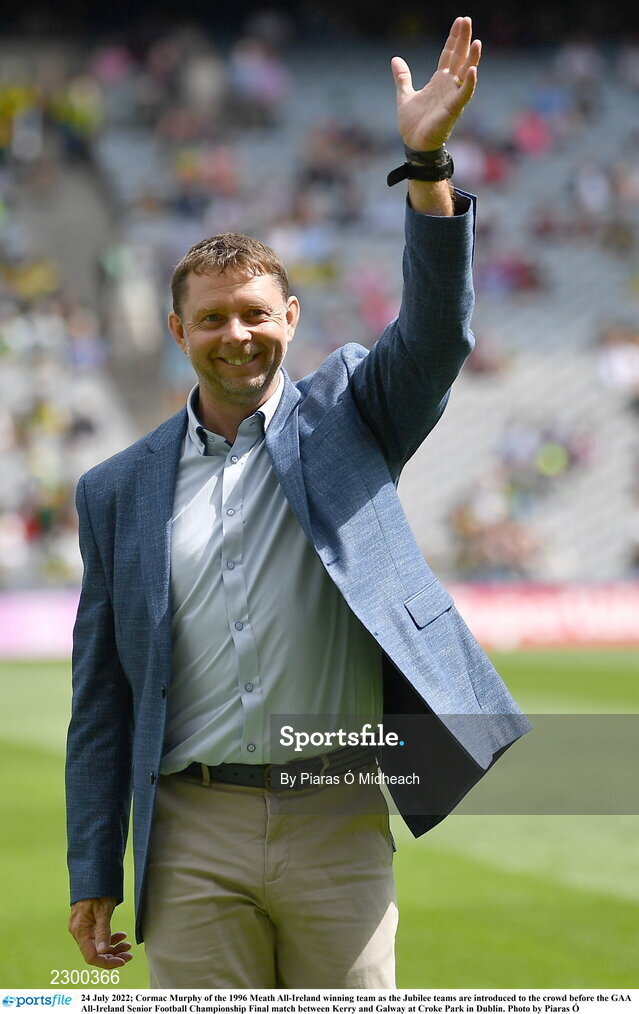 24 July 2022; Cormac Murphy of the 1996 Meath All-Ireland winning team as the Jubilee teams are introduced to the crowd before the GAA All-Ireland Senior Football Championship Final match between Kerry and Galway at Croke Park in Dublin. Photo by Piaras Ó Mídheach/Sportsfile