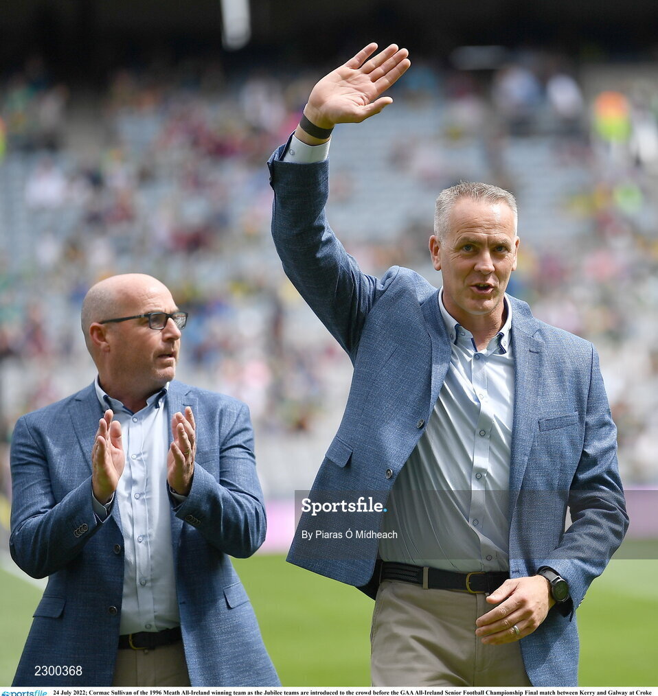 24 July 2022; Cormac Sullivan of the 1996 Meath All-Ireland winning team as the Jubilee teams are introduced to the crowd before the GAA All-Ireland Senior Football Championship Final match between Kerry and Galway at Croke Park in Dublin. Photo by Piaras Ó Mídheach/Sportsfile