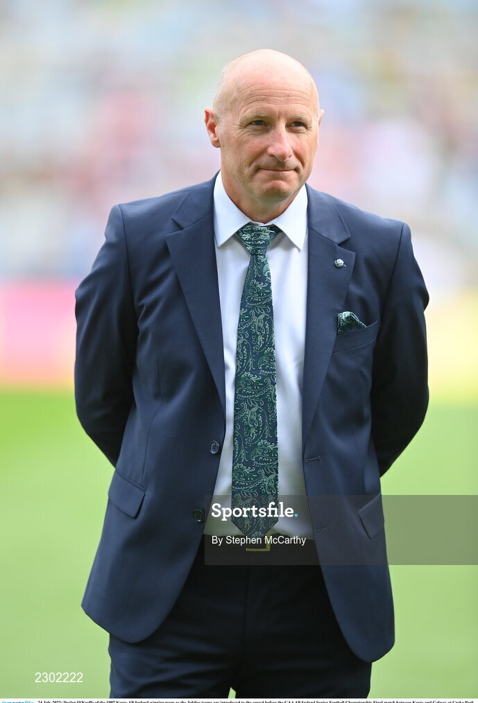 24 July 2022; Declan O'Keeffe of the 1997 Kerry All-Ireland winning team as the Jubilee teams are introduced to the crowd before the GAA All-Ireland Senior Football Championship Final match between Kerry and Galway at Croke Park in Dublin. Photo by Stephen McCarthy/Sportsfile