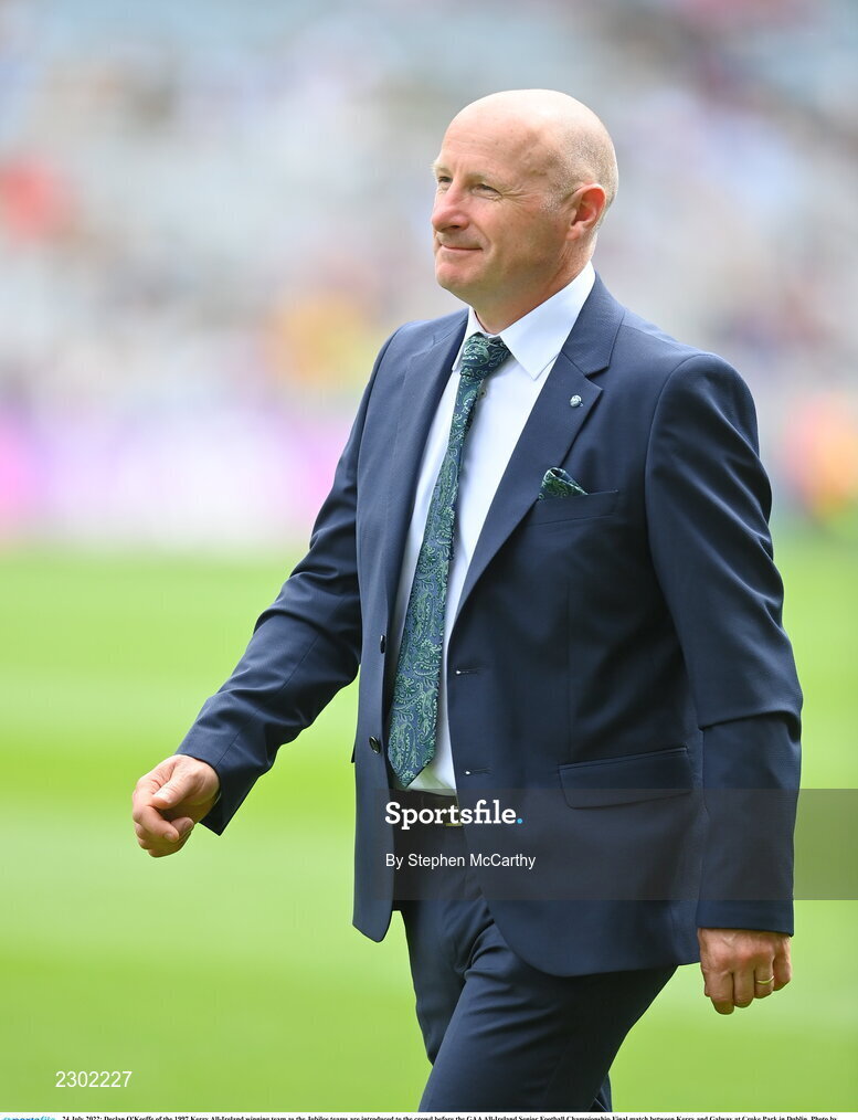 24 July 2022; Declan O'Keeffe of the 1997 Kerry All-Ireland winning team as the Jubilee teams are introduced to the crowd before the GAA All-Ireland Senior Football Championship Final match between Kerry and Galway at Croke Park in Dublin. Photo by Stephen McCarthy/Sportsfile