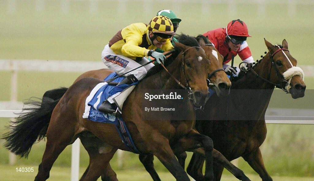 9 May 2004; Democratic Deficit, left, with Kevin Manning up, races ahead of Alahart, with Olive Gaule, centre, and The Quiet Woman, with Sheamus Heffernan, on the way to winning the Irish Stallion Farms European Breeders Fund Auction Maiden. Leopardstown Racecourse, Dublin. Picture credit; Matt Browne / SPORTSFILE