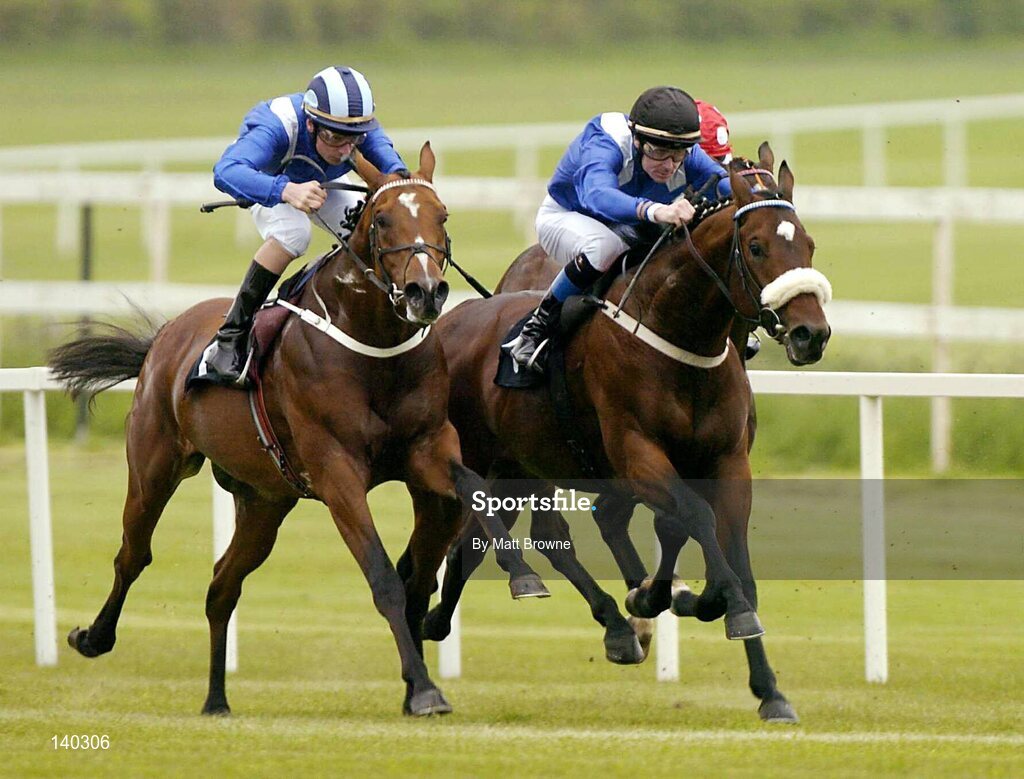 9 May 2004; Eventual winner Akarem, right, with Declan McDonogh up, races alongside second place Monaser, with Pat Smullen, on their way to winning the Carrickmines (3yo) Maiden. Leopardstown Racecourse, Dublin. Picture credit; Matt Browne / SPORTSFILE