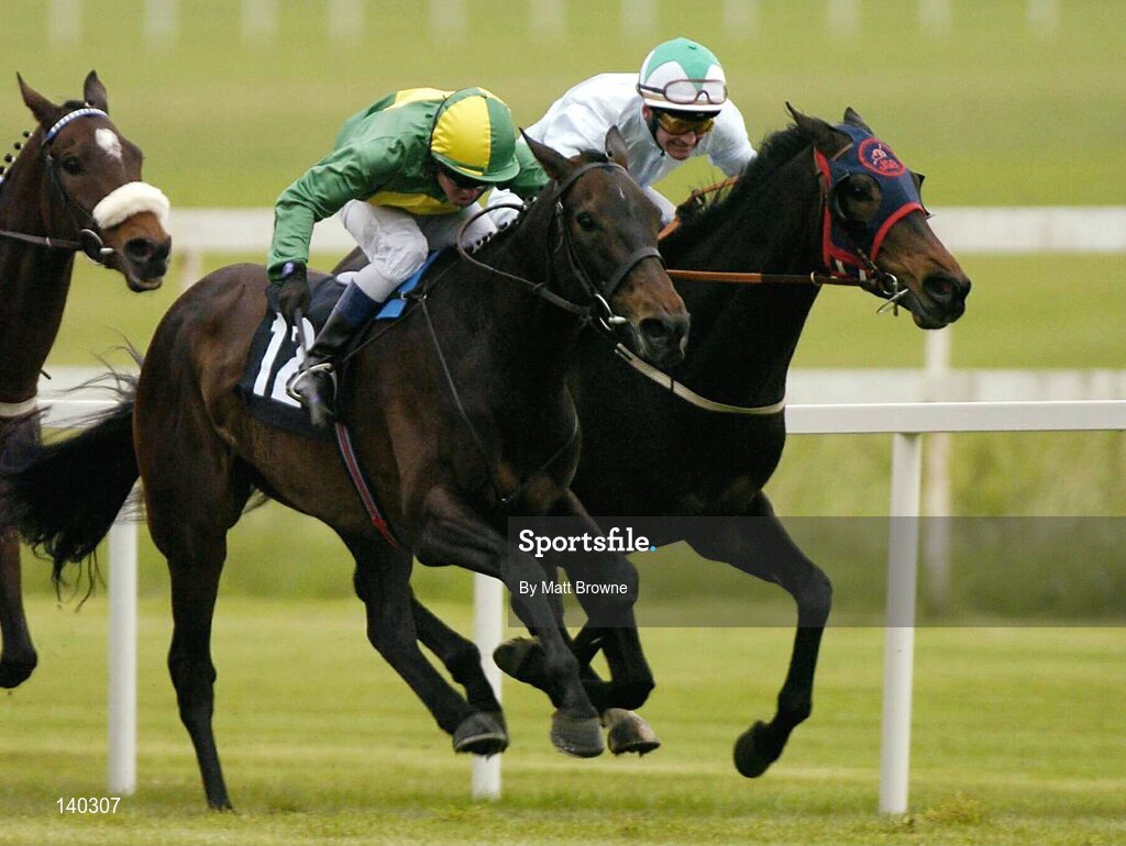 9 May 2004; Eventual winner Monsignor Phil, right, with Kevin Manning up, races alongside Leos Shuil, with Danny Grant, on their way to winning the Milltown Handicap. Leopardstown Racecourse, Dublin. Picture credit; Matt Browne / SPORTSFILE